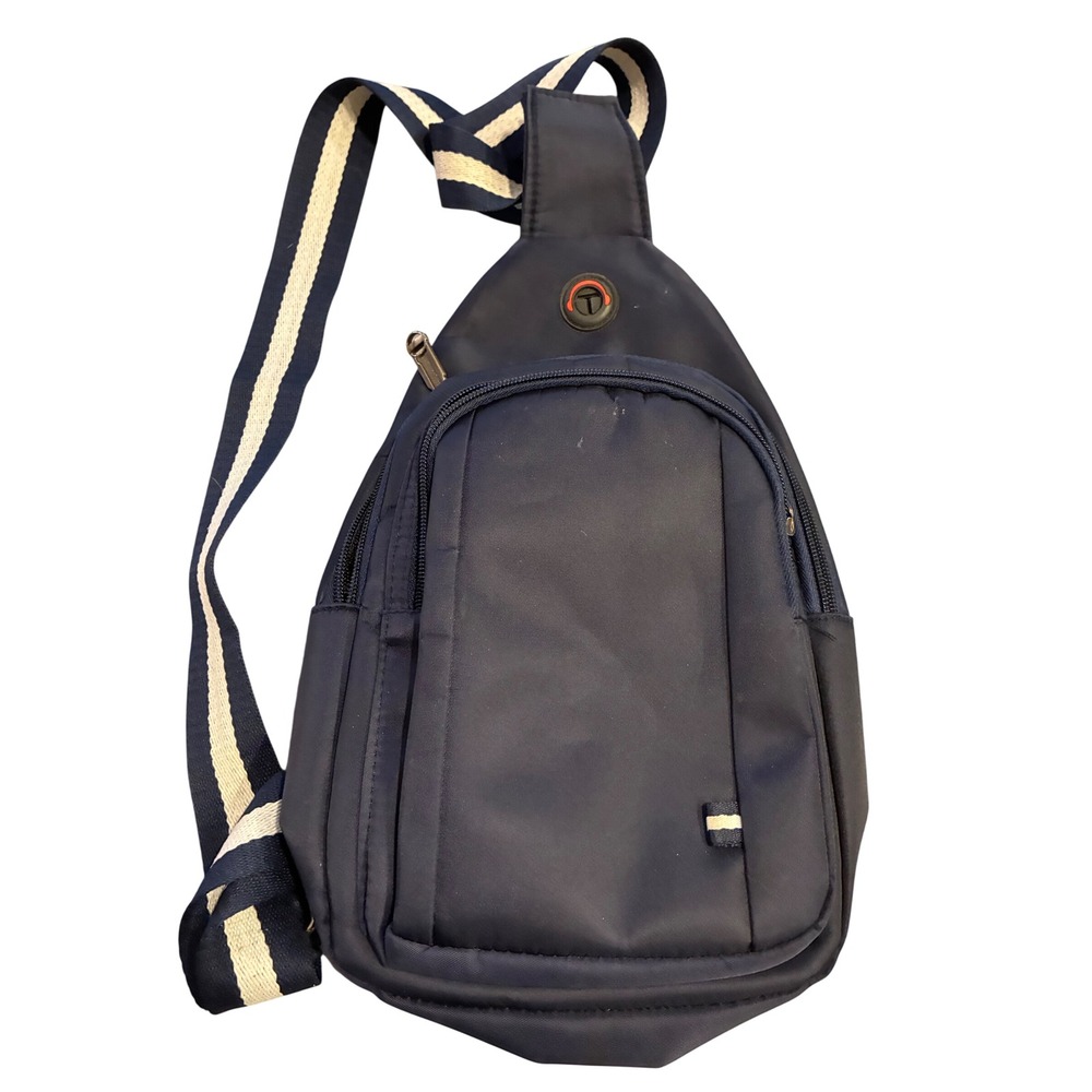 Navy Blue Nylon Sling Bag Striped Crossbody Backpack Messenger
